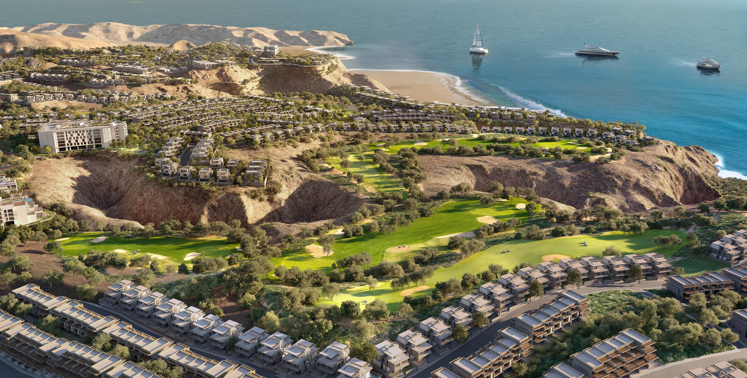 AIDA Muscat golf living — cliffside villas and championship golf course overlooking the Gulf of Oman