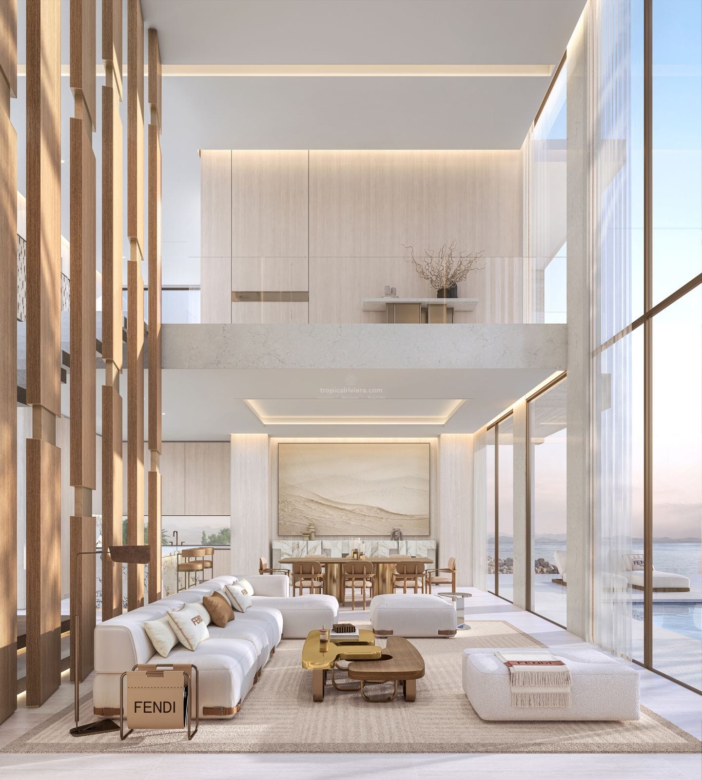 Fendi Casa branded living room interior, Azure Oceanfront Villas